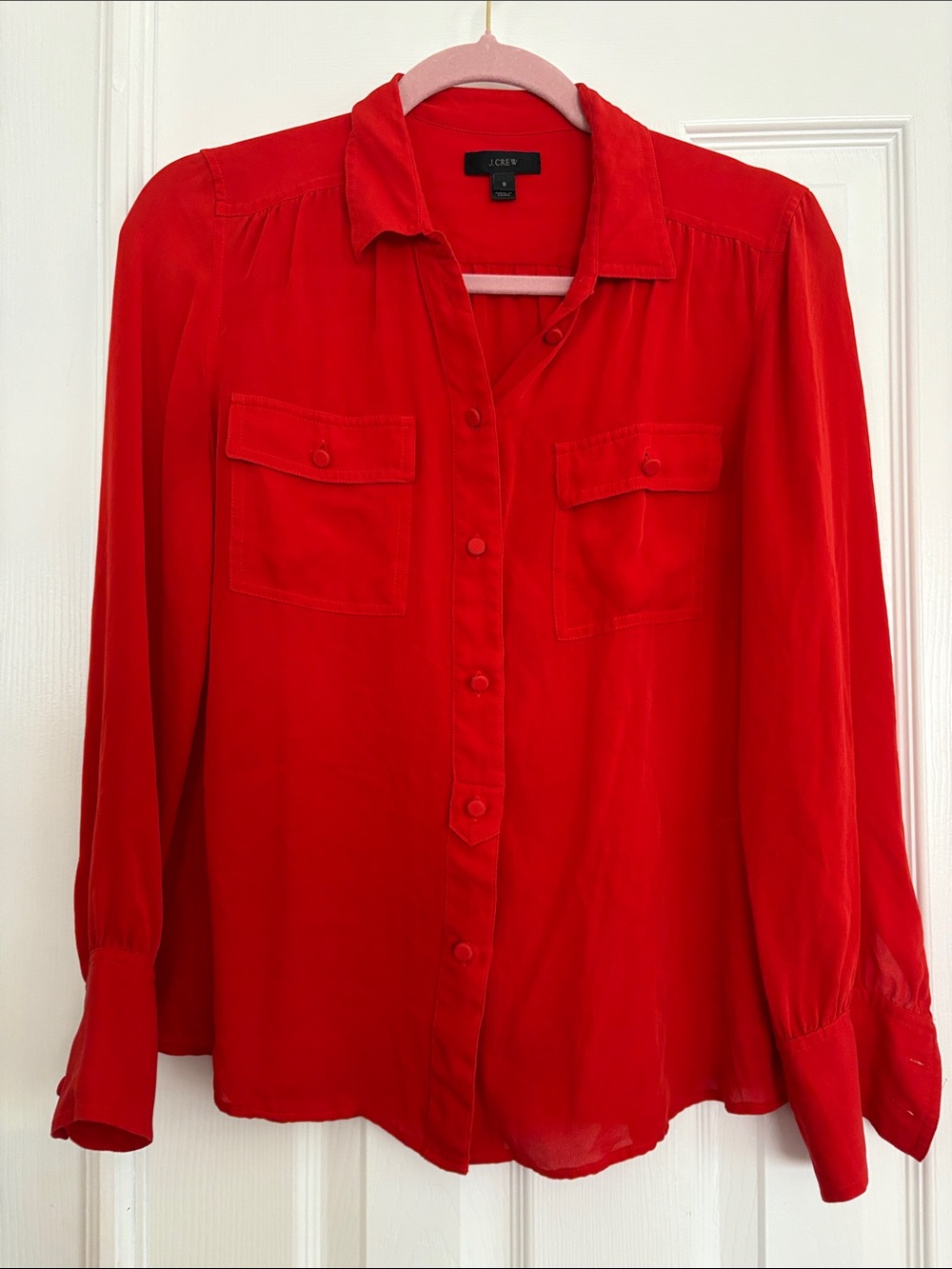 J. Crew 100% silk Red Button Front long sleeve lightweight Blouse Size 8 top